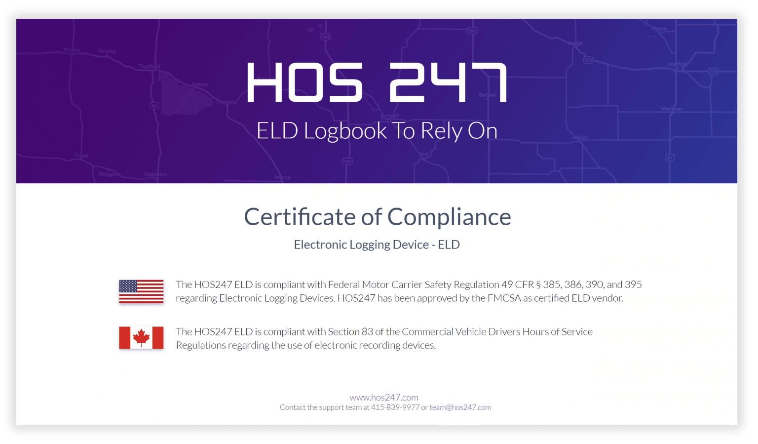 HOS247 ELD compliance certificate