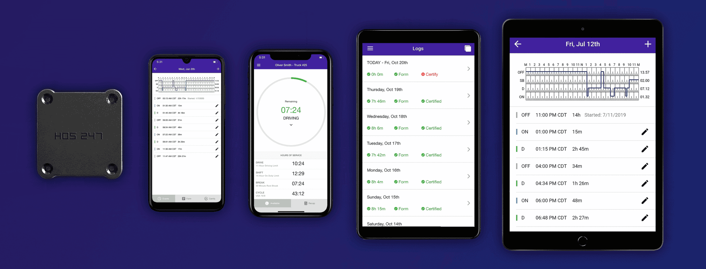 HOS247 ELD app on different devices