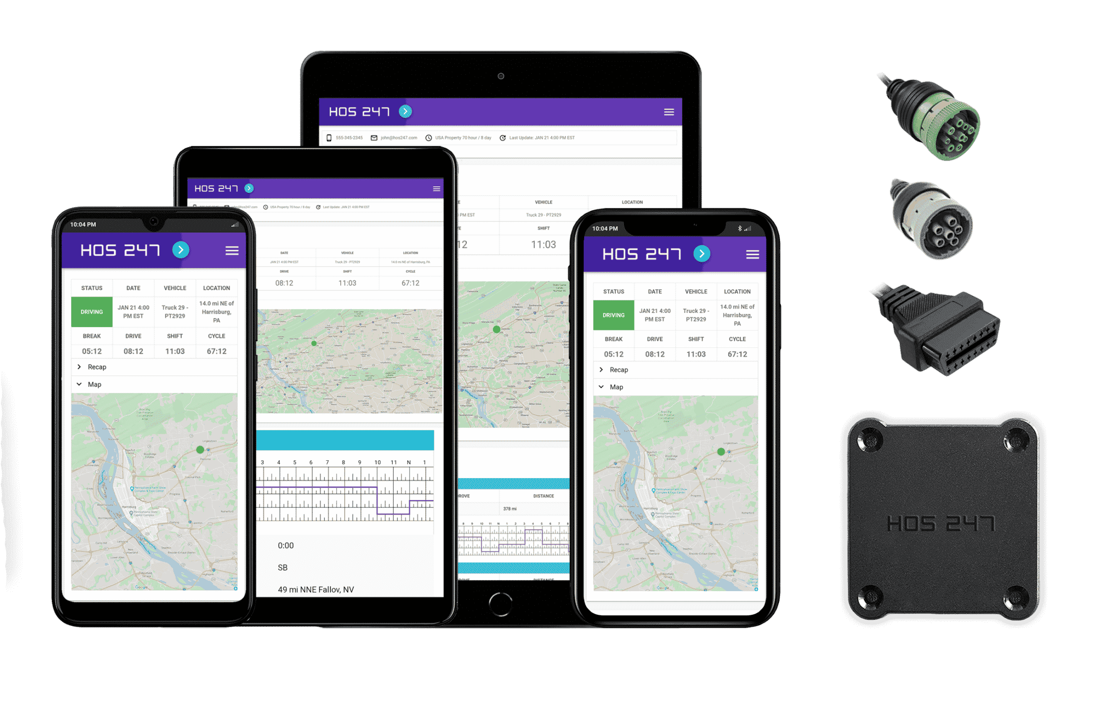 HOS247 ELD app and cables