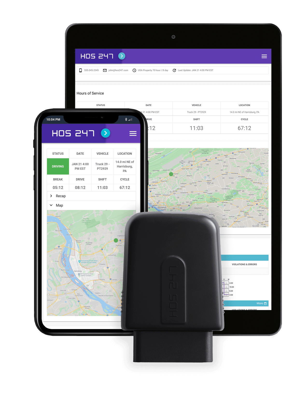 HOS247 fleet asset tracking device and app