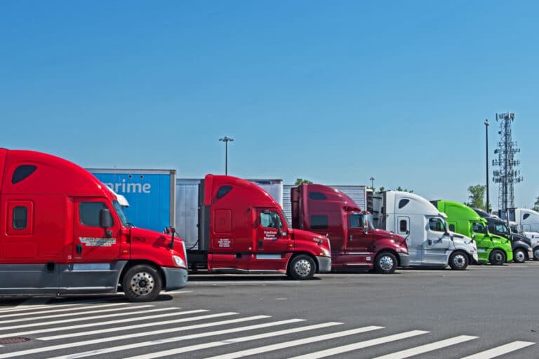 Red trailers parked