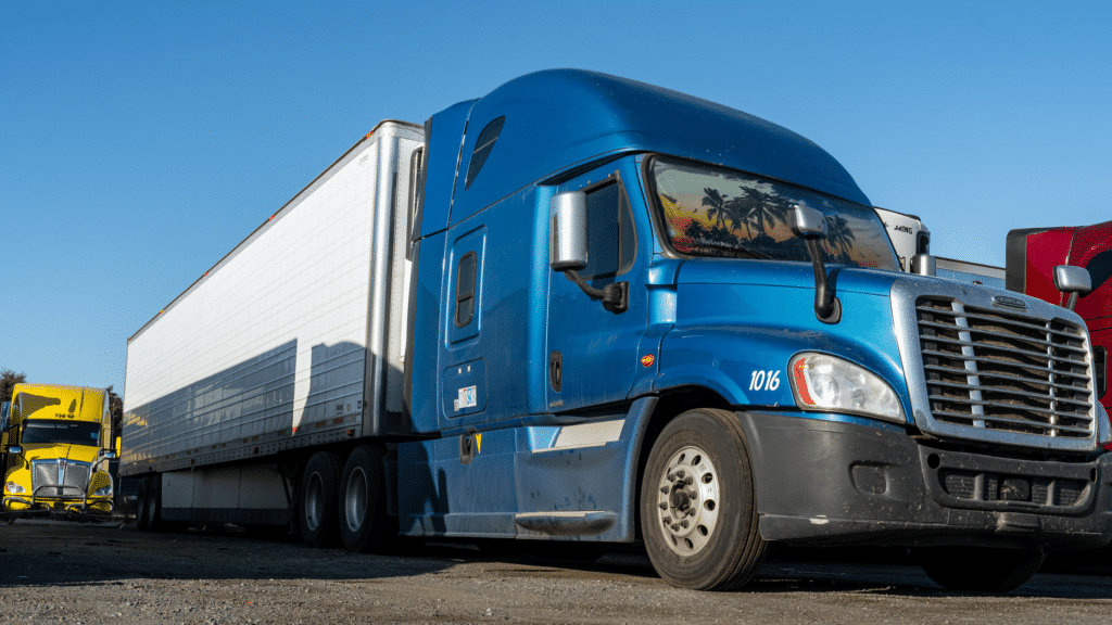 side shot of blue semi