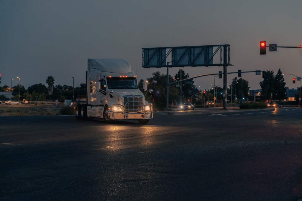 Semi driving through the city