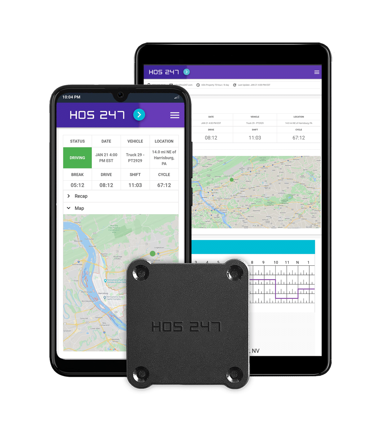 HOS247 ELD logbook app and device