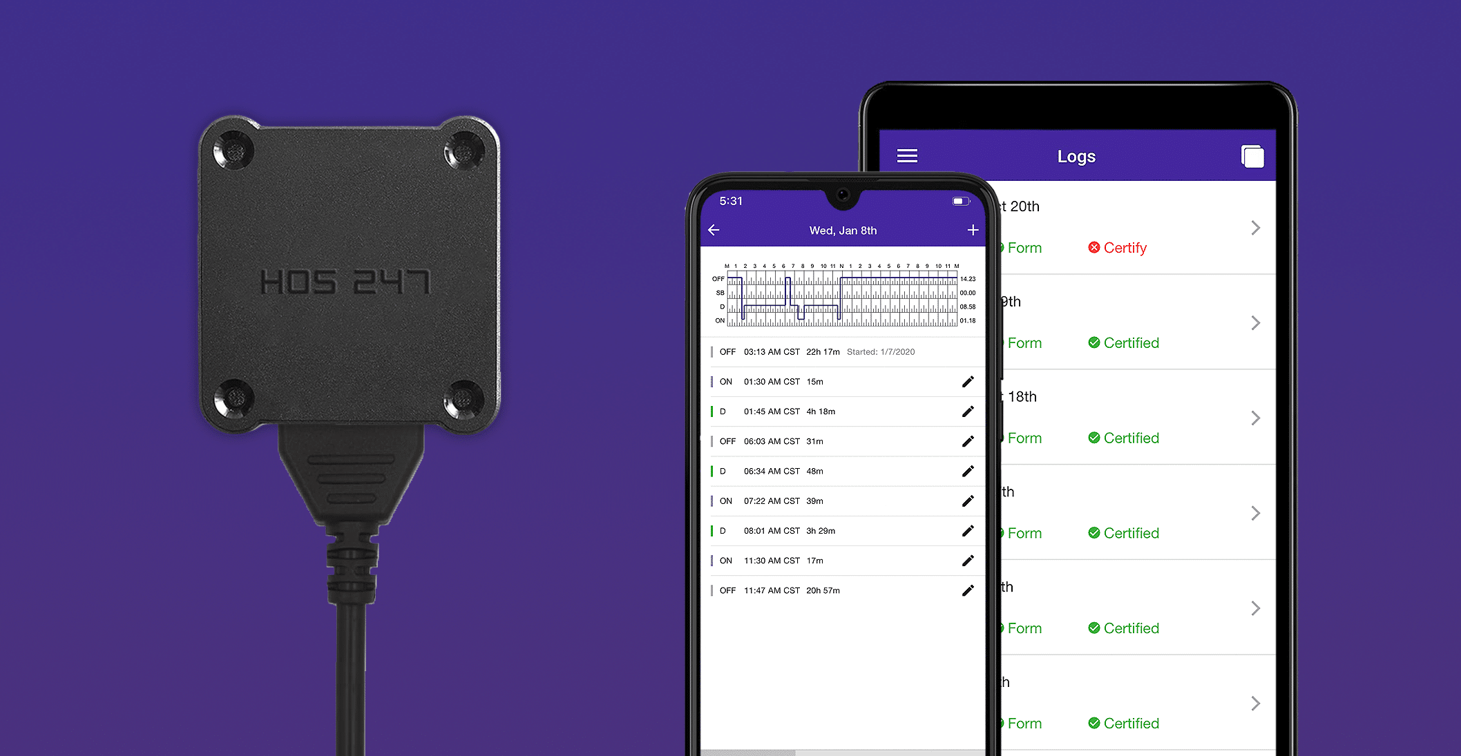 HOS247 trucker logbook app and device