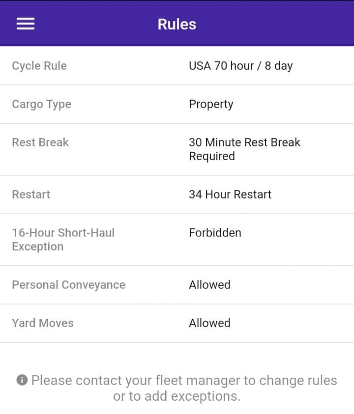 HOS247 ELD app Rules screen