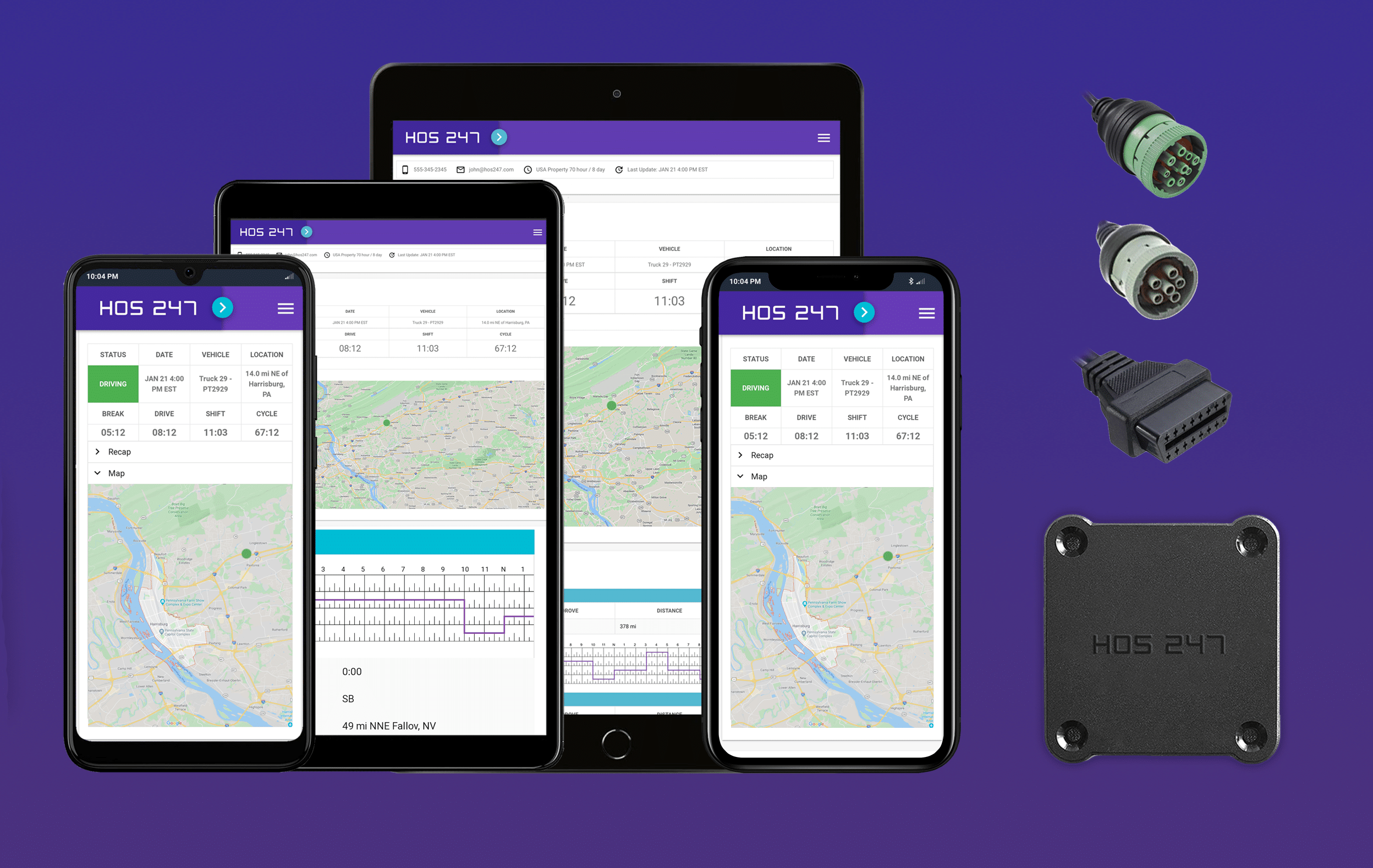HOS247 dot electronic log app and hardware