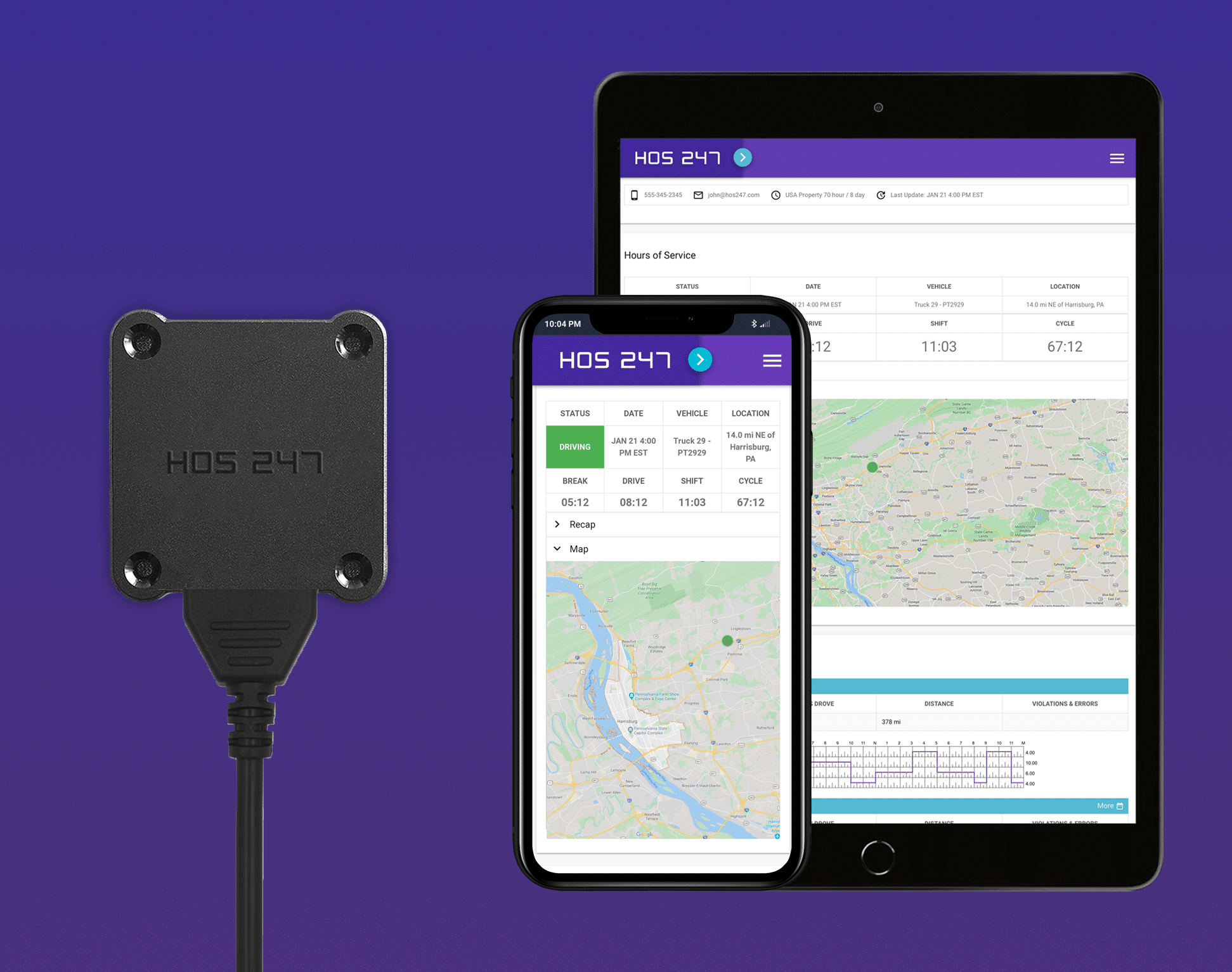 HOS247 truck driver elog app and hardware