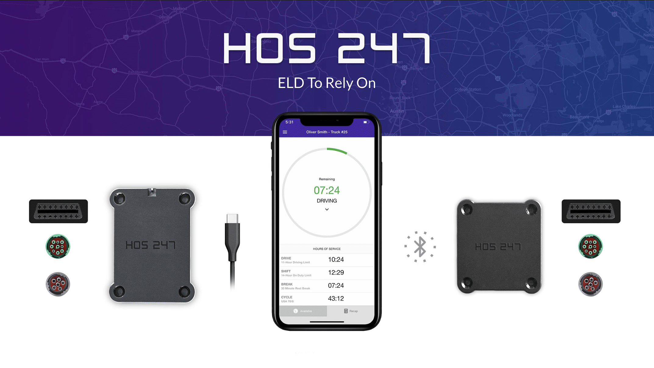 HOS247 ELD device, app and ports