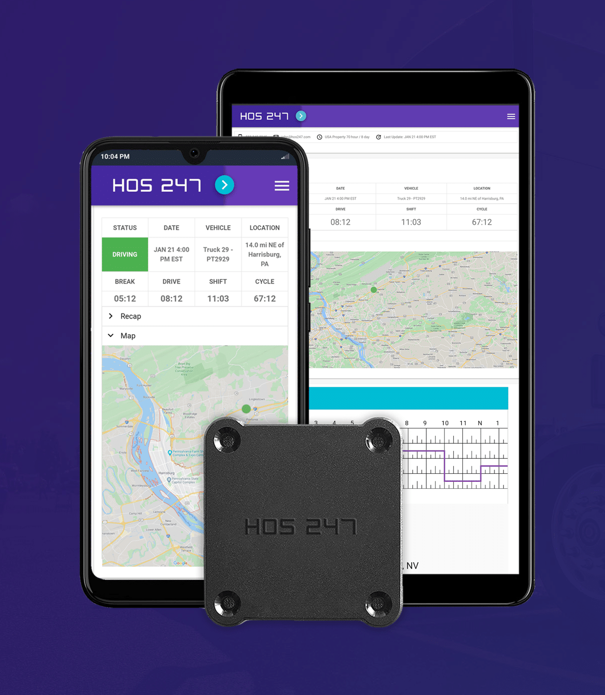 HOS247 truck log software and hardware