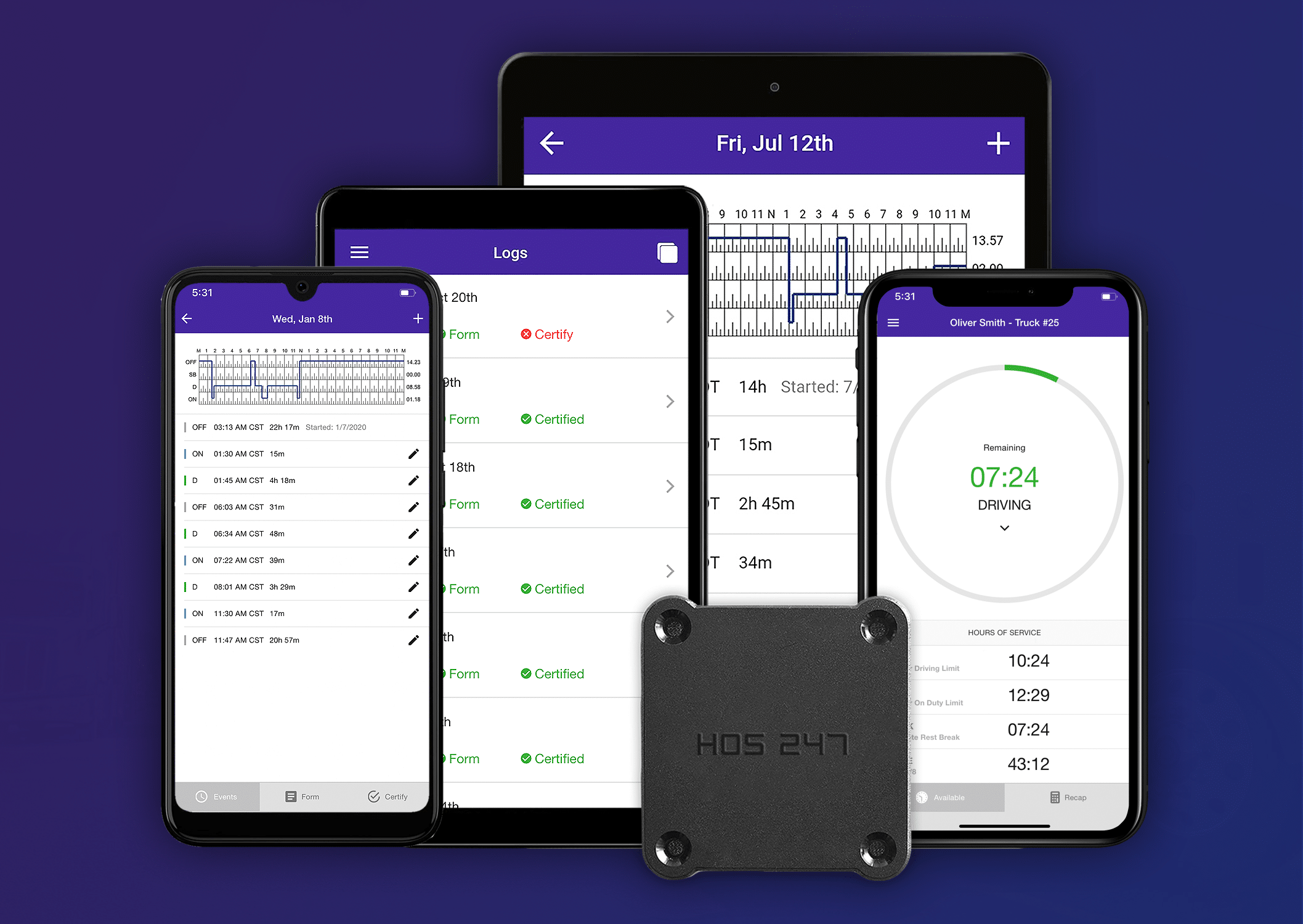 HOS247 ELD app and device