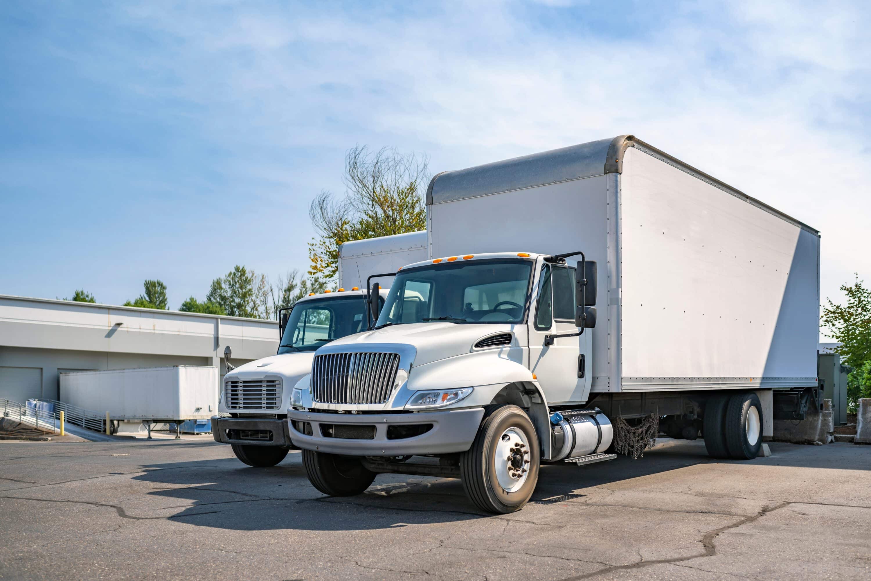 Two white box trucks