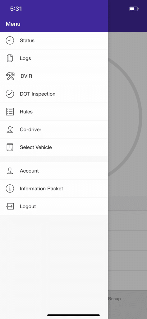 HOS247 mobile log application navigation menu with DOT inspection mode