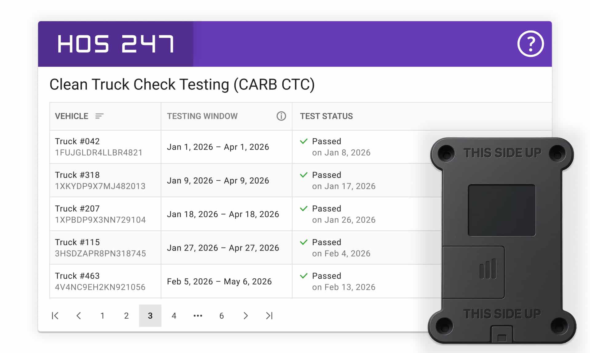HOS247 Clean Truck Check testing dashboard alongside an onboard diagnostic device