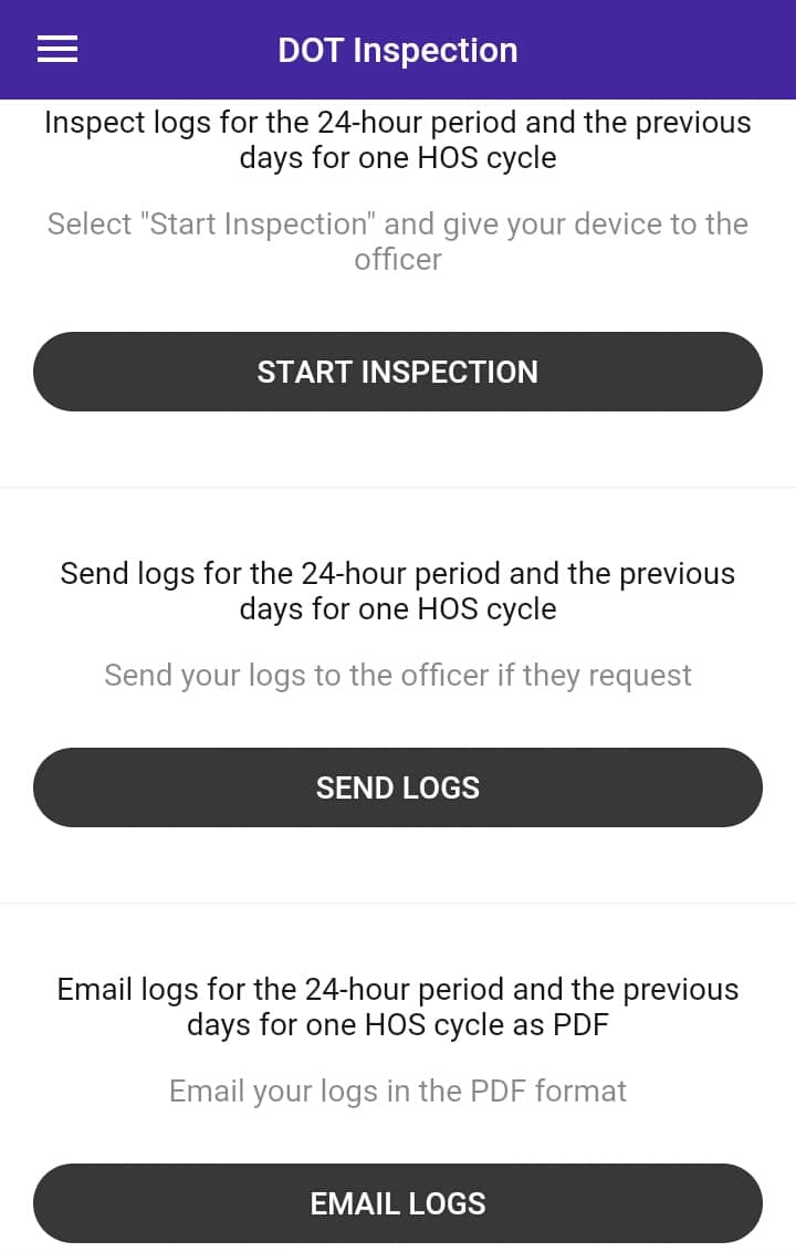 HOS247 logbook app interface featuring "Start Inspection" and "Send Logs" buttons
