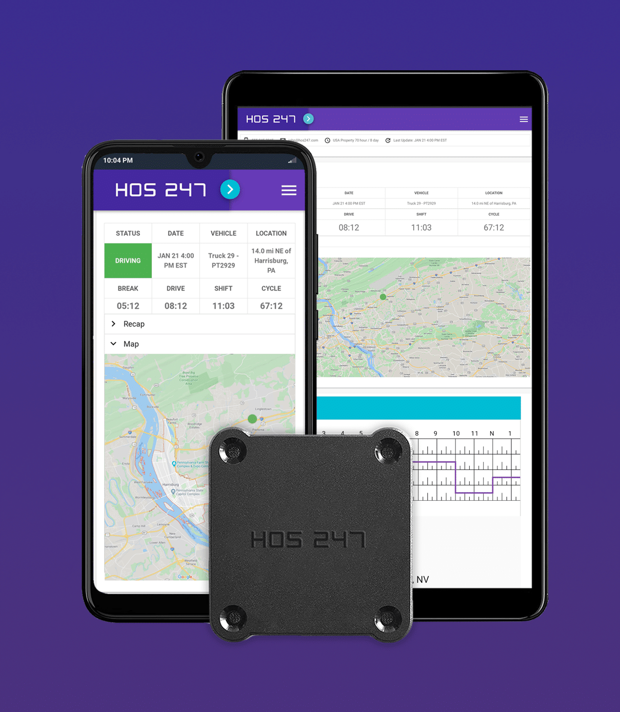 HOS247 electronic logging device displayed with mobile and tablet applications showing vehicle tracking and driver log information