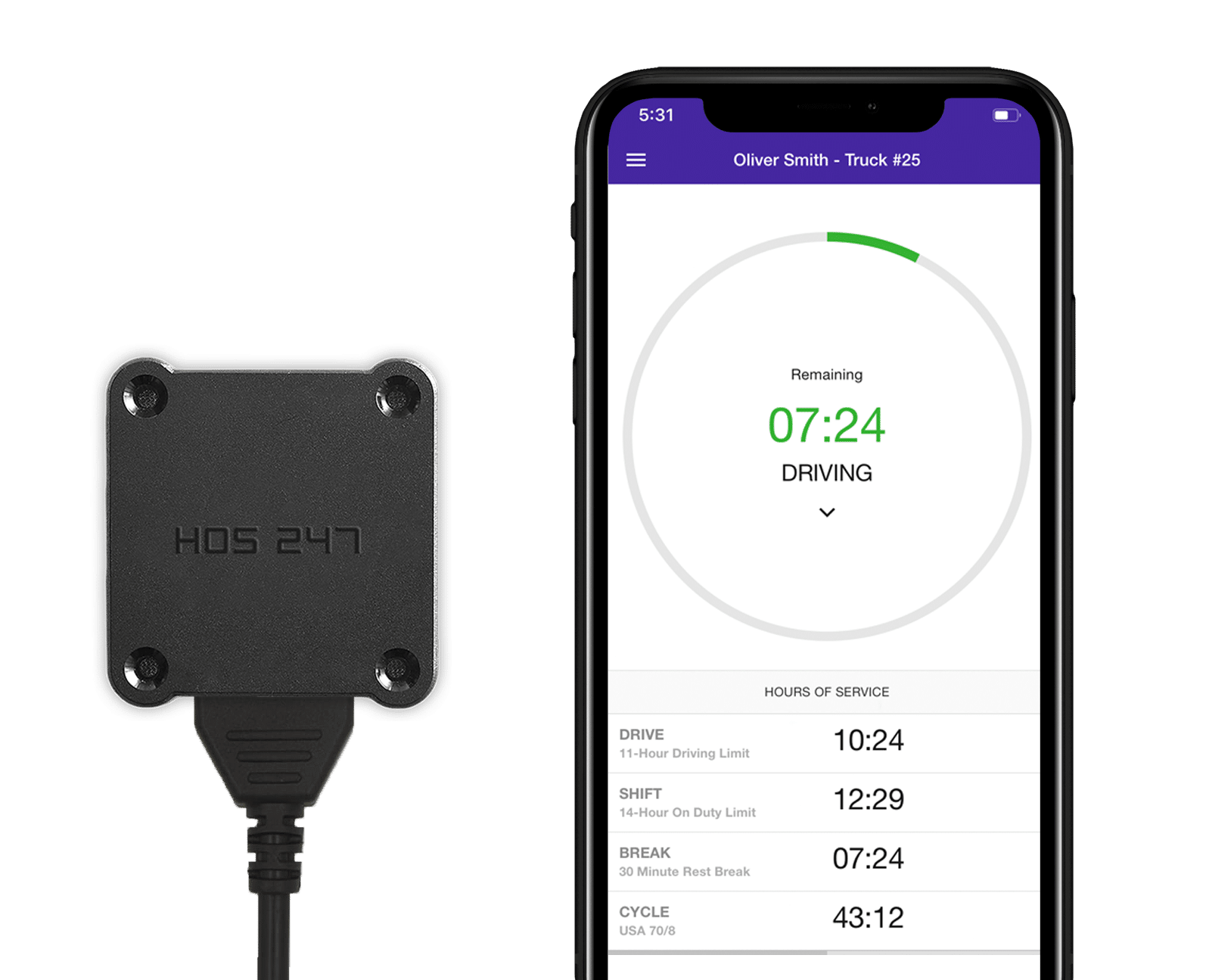 HOS247 truck driver logbook app and hardware