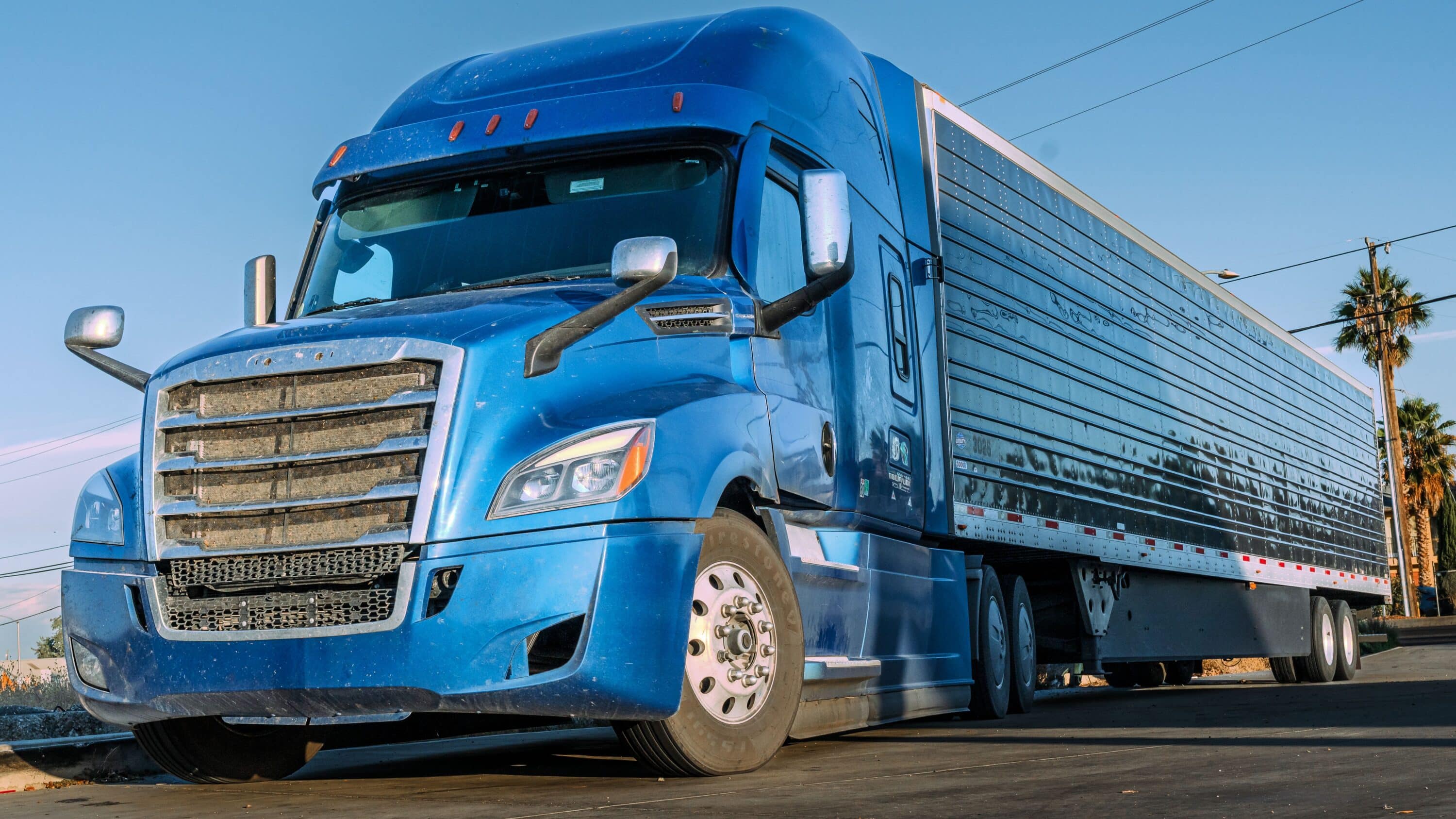 Blue semi-truck with refrigerated trailer parked along a roadway