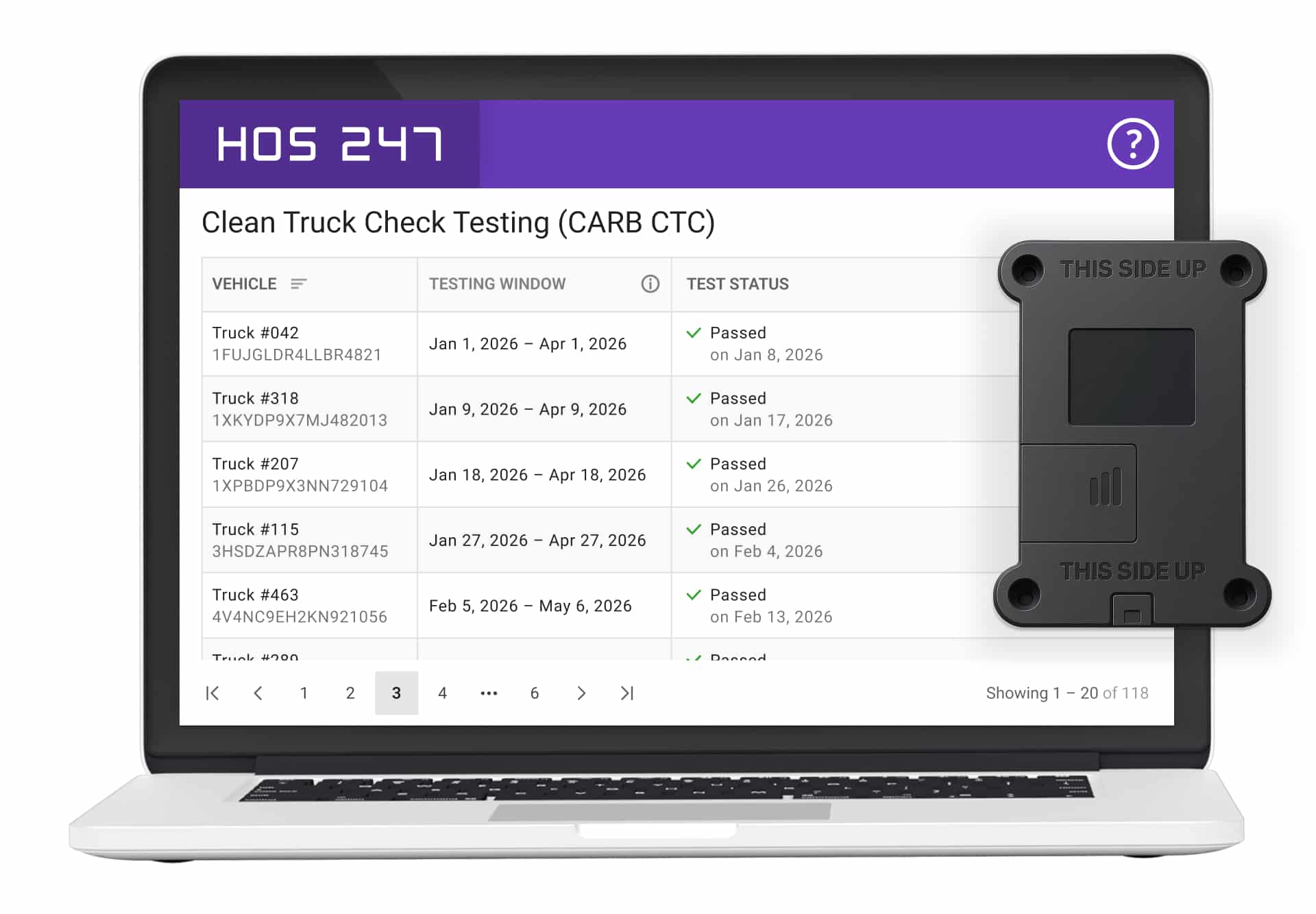 Laptop showing the HOS247 Clean Truck Check portal alongside an onboard diagnostic device