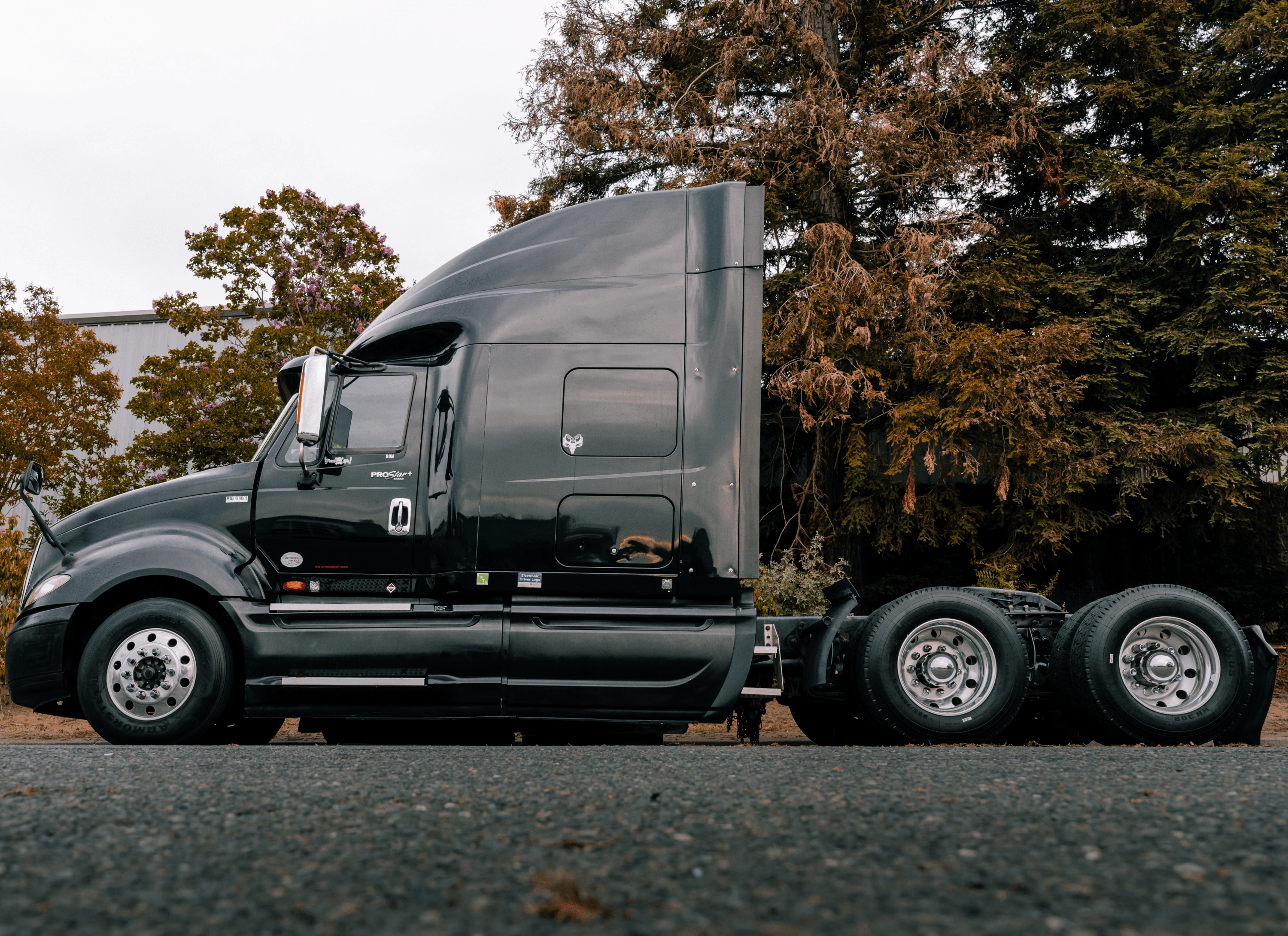 Black semi-truck tractor parked on a paved surface beside trees