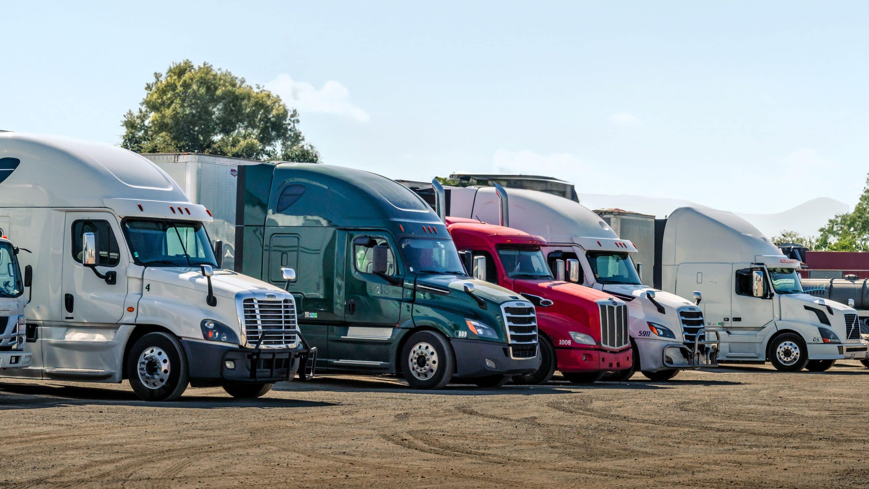 Row of semi-trucks parked side by side in a commercial trucking yard under a clear sky