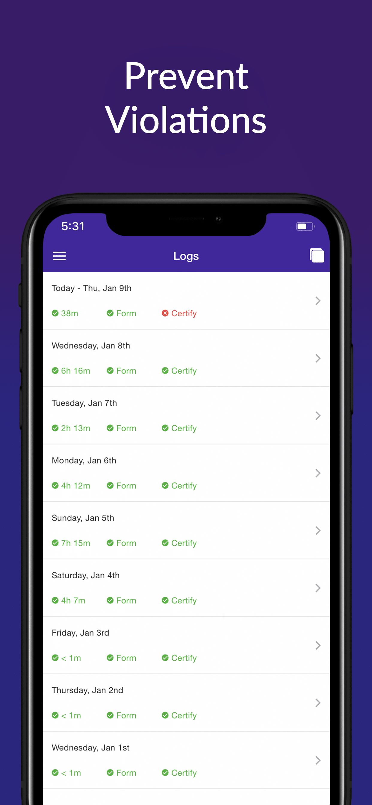 Smartphone displaying HOS247 electronic logbook app screen with daily HOS logs list