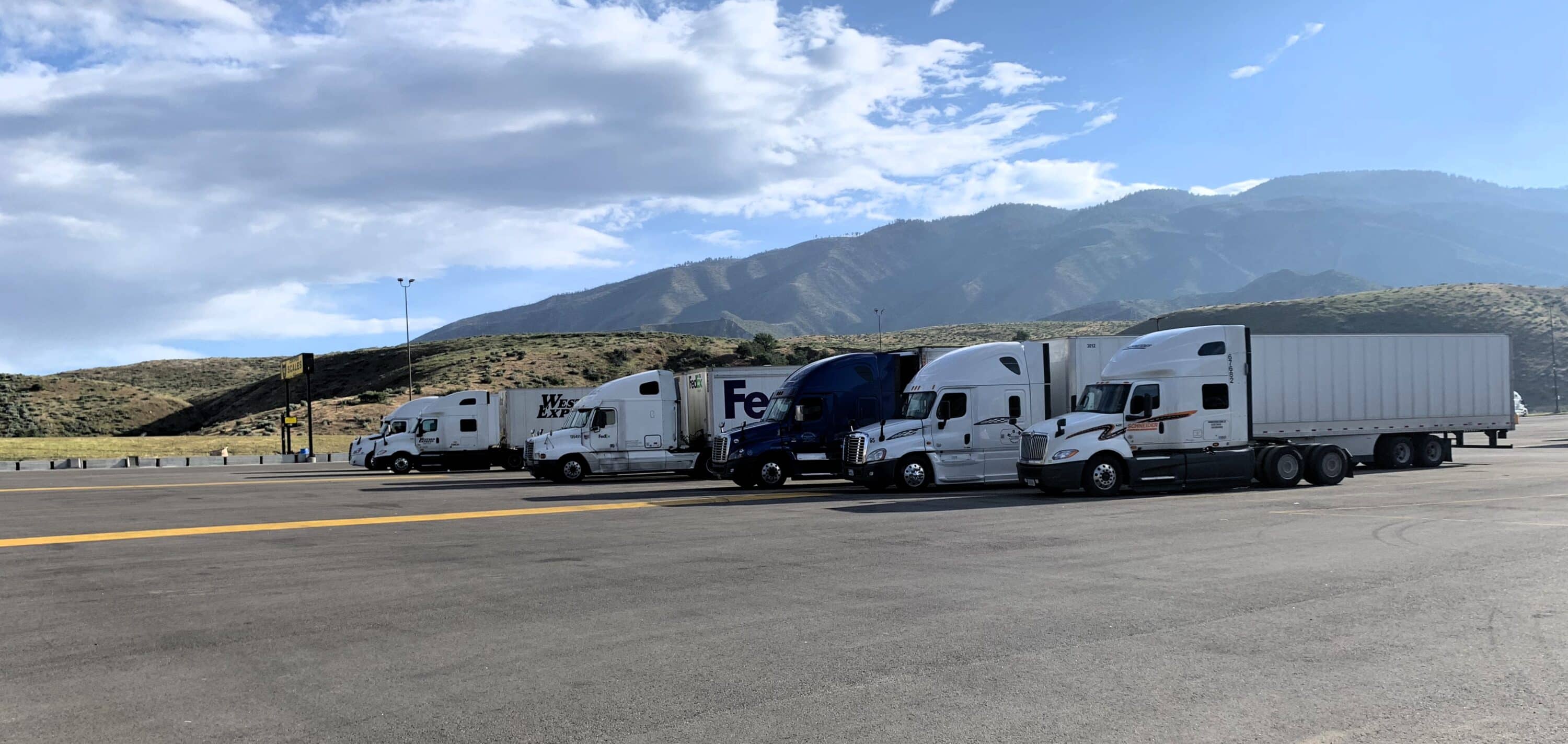 Several semi-trucks parked side by side in a truck parking area with mountains in the background